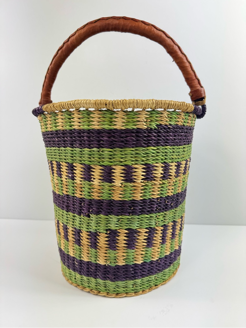 African Bolga Market Basket Tote Tall Skinny Leather Handles Rare Shape EUC